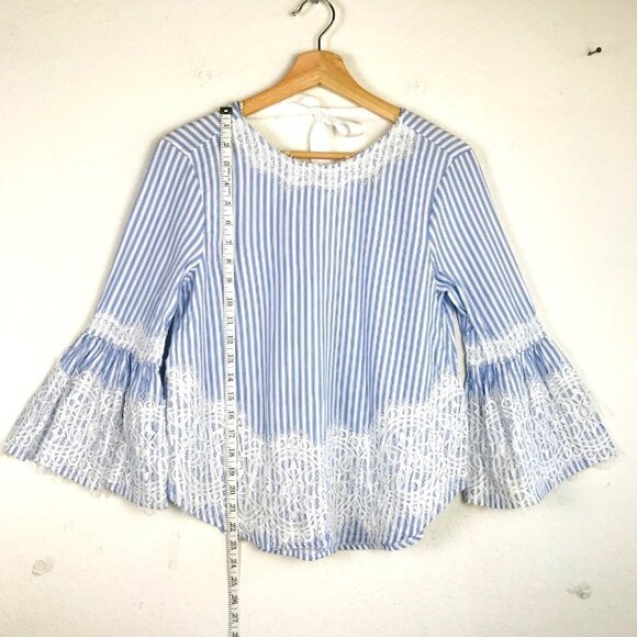 Zara Blue and White Striped Long-Sleeve Lace Detail Top Size X-Small - Picture 6 of 8